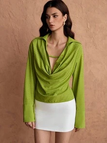 Chiquease Women's Elegant Plunging Neck Sequin Long Sleeve Party Blouse - Green - View 7
