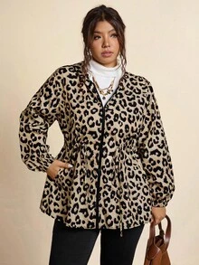 SHEIN LUNE 大码女式豹纹长袖拉链连帽外套 豹纹印花外套 女式豹纹连帽外套 女式轻薄豹纹外套 动物纹外套 女式动物纹外套 大码动物纹风衣 豹纹印花外套 大码豹纹风衣 大码雨衣 棕色连帽拉链外套 女式拉链连帽衫 女式冬季女装 感恩节女装 - 彩色 - 查看 4