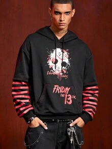 ROMWE MEN Friday the 13th X ROMWE Herren Pullover mit Buchstaben- und Masken-Grafik, Tasche, Kordelzug, 2 in 1 Kapuzenpullover, Herbst - Schwarz - Übersicht 1