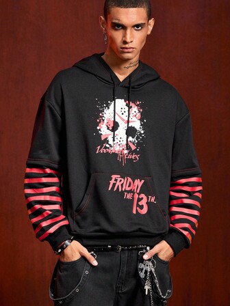 Friday the 13th X ROMWE sweat-shirt à capuche homme 2 en 1 avec poche graphique à lettres et masque, automne