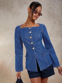 COSMINA Chemisier en denim à manches longues, col carré, simple boutonnage, pour femmes