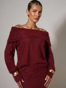 Women's Elegant Off Shoulder Long Sleeve Sweater And Knitted Midi Skirt 2 Pieces Set, Suitable For Daily Commute, Autumn/Winter Christmas 2 Piece Sets - Red - View 4