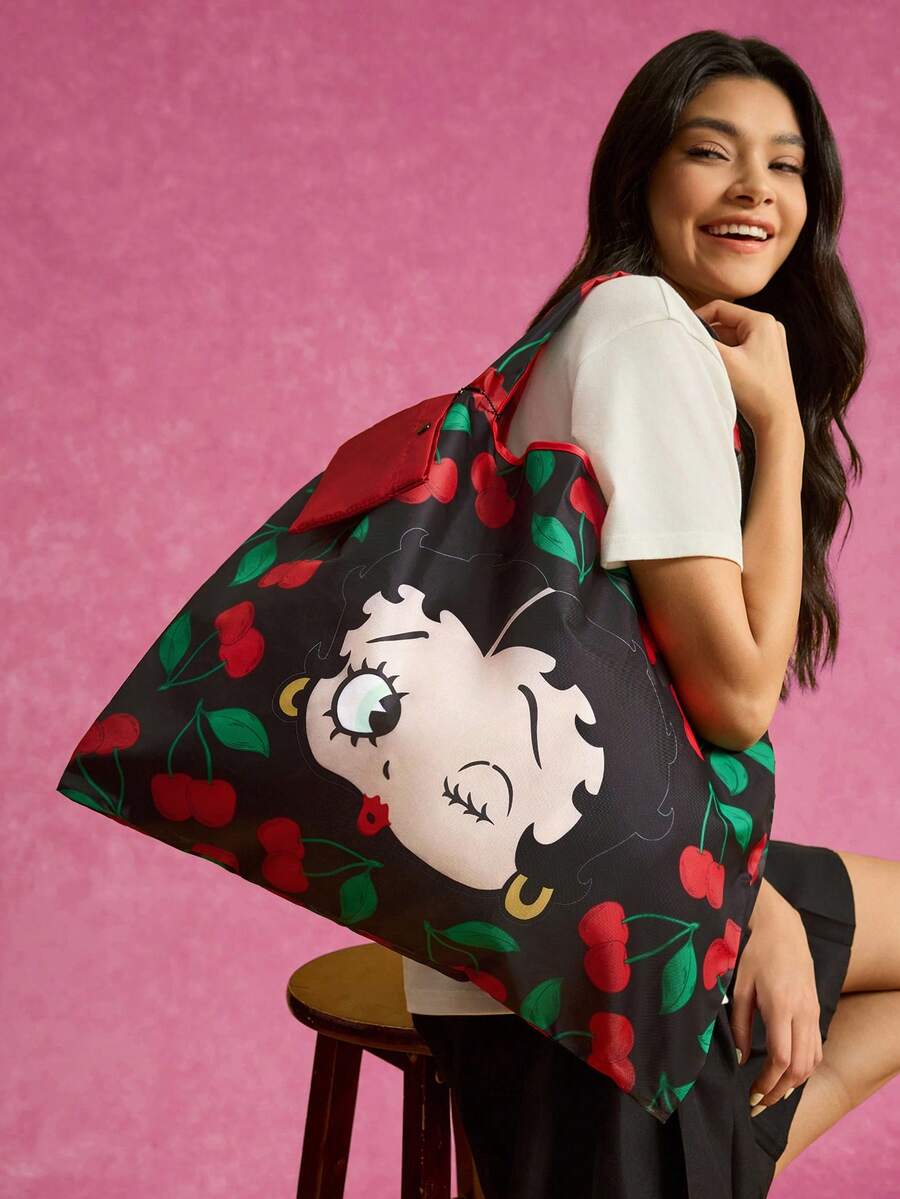 Betty Boop x SHEIN 1 pieza Bolsa de compras plegable con figura de dibujo animado linda, bolso de mano con bolsillo desmontable en cadena, juguetón, cereza, ideas de regalo, fiesta, vacaciones, Día de San Valentín - Negro - Ver 1