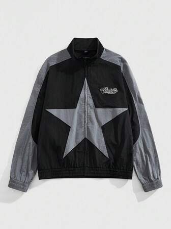 Street Life Men's Street Style Contrast Color Star Print Zip-Up Stand Collar Jacket, Autumn