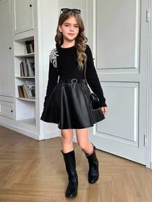 SHEIN 2pcs Tween Girls Casual Elegant Rhinestone Embroidered Knit Top And PU Skirt Set, Suitable For Christmas, Daily Wear - Black - View 5