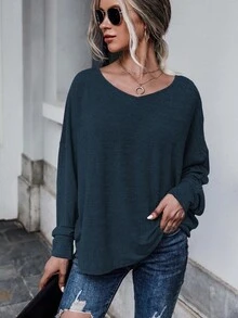 SHEIN Essnce 秋季休闲纯色蝙蝠袖后系带T恤 - 藏蓝色 - 查看 6