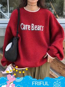 SHEIN X Care Bears FRIFUL 女式宽松字母图案落肩毛衣 - 紅色 - 查看 4