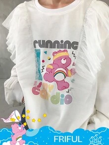 FRIFUL SHEIN X Care Bears 女士圆领撞色网眼拼接宽松卡通图案前长袖休闲T恤 - 白色 - 查看 2