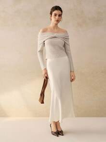 Cévolie Women's Solid Color Twist Knot Off Shoulder Long Sleeve Sweater, Fashionable For Autumn