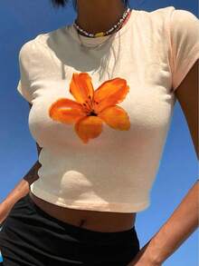 SHEIN EZwear 4件套休闲骷髅、樱桃、西部牛头、芙蓉花图案圆领短袖短款上衣套装，合身，适合夏季女士 - 彩色 - 查看 5