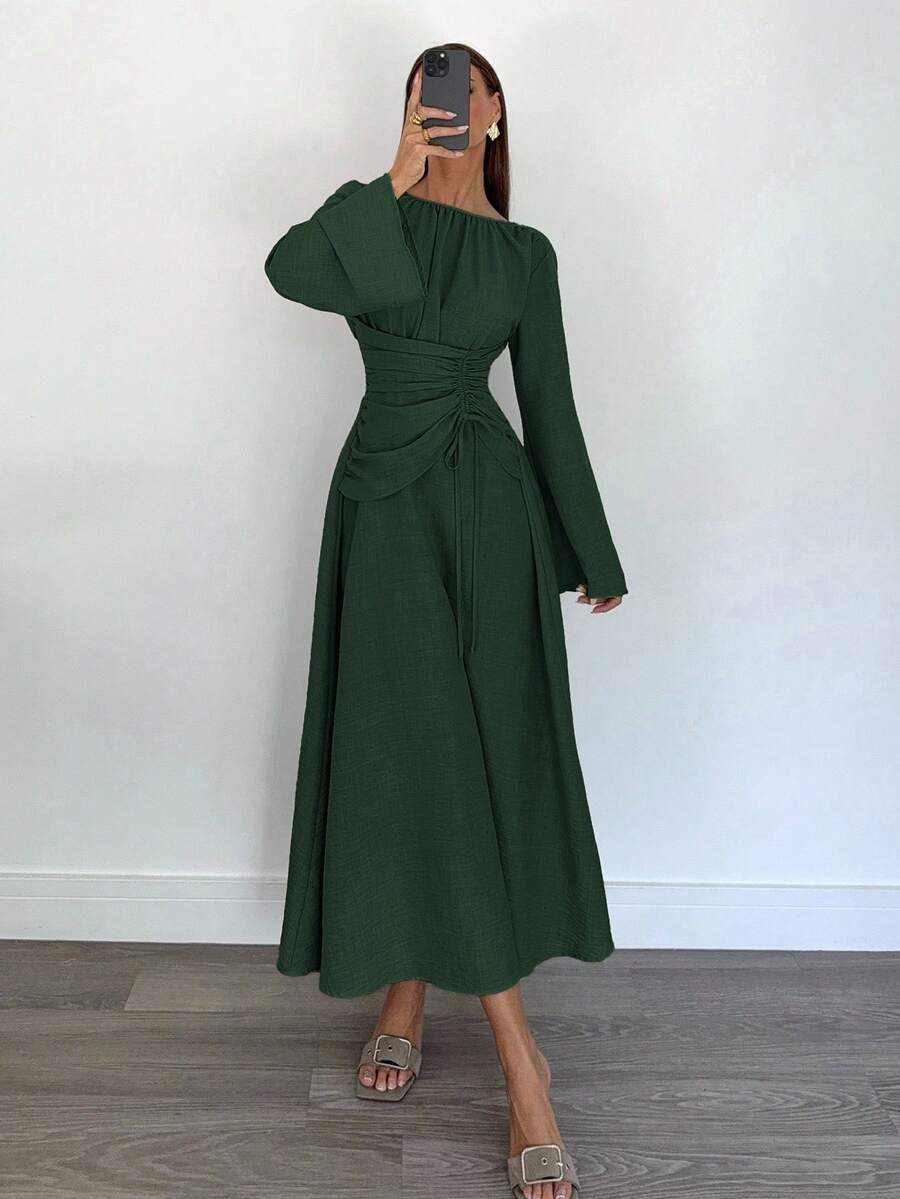 Siren Gaze Siren Gaze Women's Brown Round Neck Bell Sleeve Waist Tie Elegant Dress, Back To School Outfit, Country Concert Outfit, Business Casual Women's Outfit, Women's Teacher Outfit, Women's Date Night Outfit, Birthday Outfit, Women's Brunch Outfit, Western Outfit, Business Casual Women's Outfit Siren Gaze New Women's Fashion Striped Ruched Waist Dress Brown Dress Winter Party Chic