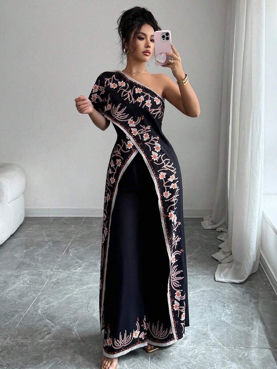 SHEIN Raffinéa 2pcs Set: Elegant Sexy Shoulder Print Loose Top And Wide Leg Pants Prom Gown For Prom Night - Black - View 1