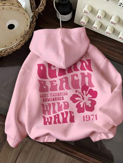 Attitoon Casual Minimalist Pink Floral & Twisted English Letter Print Loose Fit Sweatshirt For Women, Comfortable For Autumn/Winter, Fall