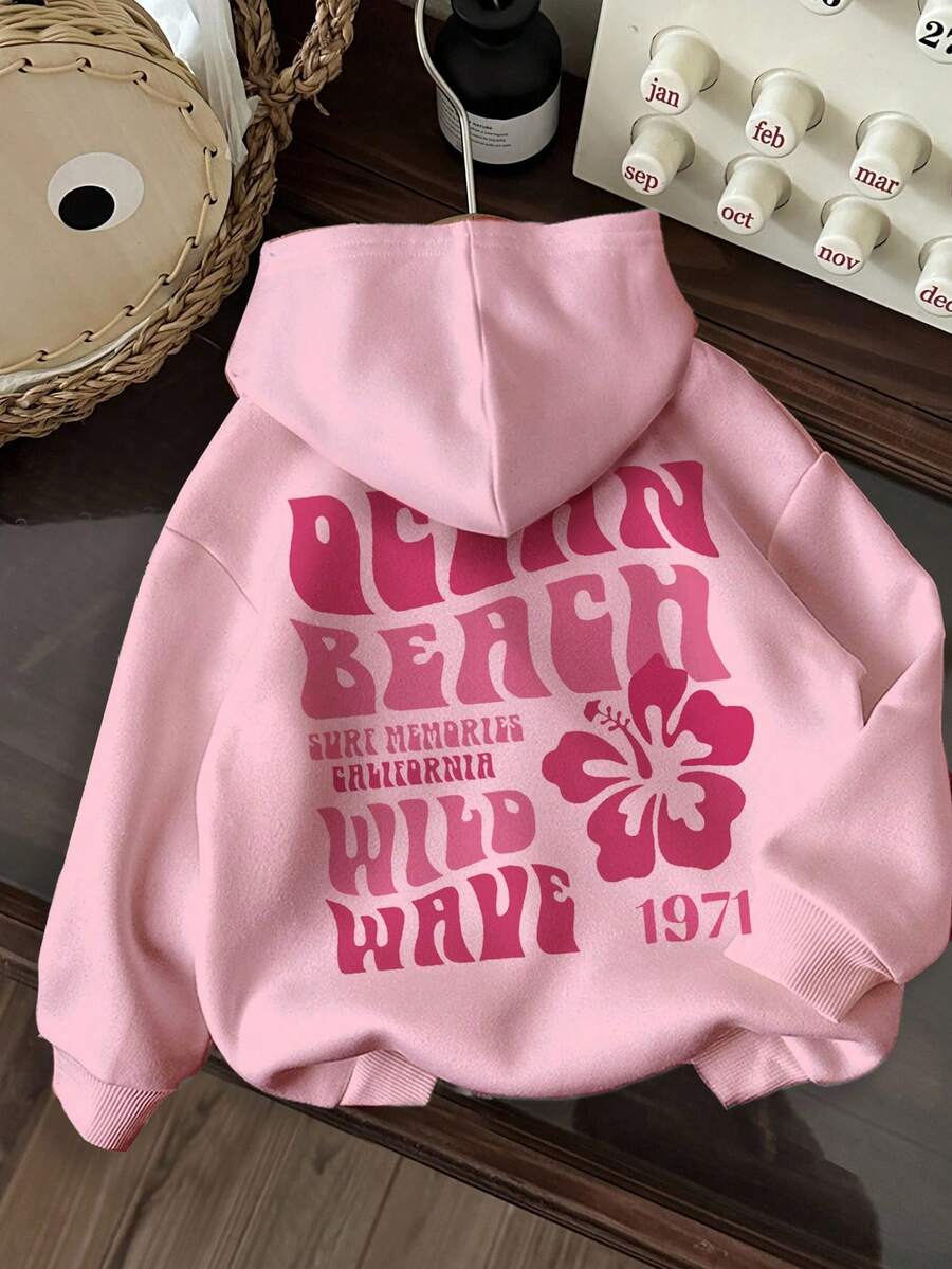 Attitoon Casual Minimalist Pink Floral & Twisted English Letter Print Loose Fit Sweatshirt For Women, Comfortable For Autumn/Winter, Fall - Baby Pink - View 1