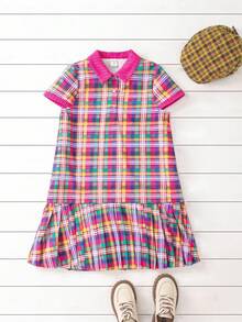Joliand Joliand 1pc Tween Girls Pink And Yellow Plaid Dress,Summer Cute Preppy Style Polo Collar Short Sleeve Shirt Dress For Back-To-School,Daily Wear & Party School - Multicolor - View 7