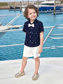 Joliand Joliand 2pcs/Set Young Girl Elegant Urban Sailor Lighthouse Print Navy Polo Collar Short Sleeve Shirt & White Shorts Outfit, Suitable For Casual Daily, Traveling, Beach Youth Boys Shirt Young Boys Matching Sets Young Boys Suit Set Youth Boy Tshirt Young Boys 2 Pieces Boys Nautical Outfit Boys Summer Outfit Boys Preppy Outfit Kids Cruise Outfits Boys Boys Anchor Shirt - Multicolor - View 3