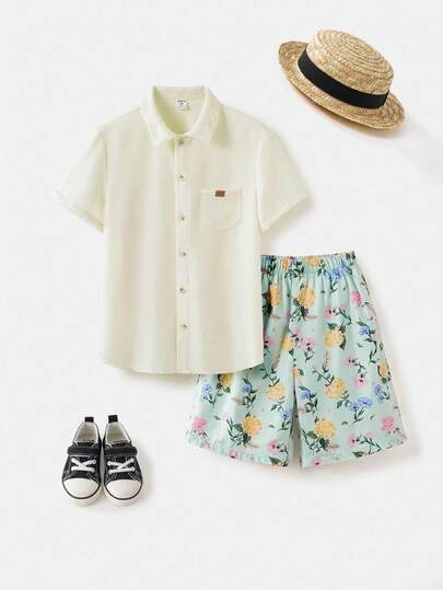 Joliand Joliand 2pcs Tween Boys Dolphin Beach Print Long Sleeve Swimsuit And Swim Trunks, Suitable For Beach, Casual, Daily, Travel, Party, Wedding, Picnic, Summer