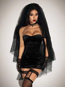 SHEIN ICON 2 件万圣节角色扮演性感派对哥特式黑色新娘天鹅绒头饰带面纱配饰，哥特式连衣裙 - 黑色 - 查看 7