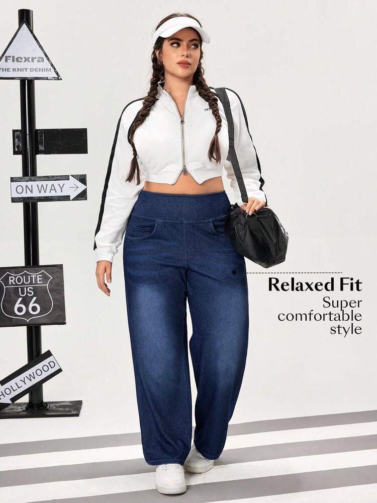 Flexra Jeans casuales de talla grande para mujer, pierna recta y holgada - Azul - Añade 6