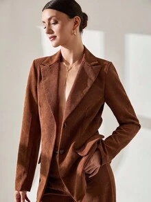 CLARA VERO 女士天鹅绒西装外套和裤子两件套 - 棕色 - 查看 6