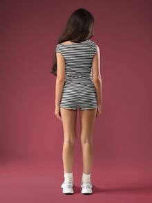 SUMWON Striped Romper Two Piece Co-Ord Set Ruched Draped Neckline Tank Top Fitted Shorts Summer Casual Sleeveless Outfit Teen Fashion - Apricot - View 3