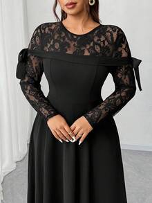 Elenzga Robe élégante à patchwork de dentelle et nœud pour grandes tailles - Noir - Voir 5