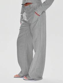 MUSERA 修身中腰细条纹阔腿裤，商务休闲风，复古富贵风，返校季街头服饰，秋季纳什维尔可爱少女风春季穿搭 - 深灰色 - 查看 6