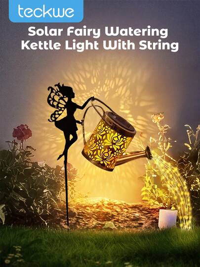 Teckwe 1pc Solar Fairy Watering Can Lights With String, Solar Garden Lights, Outdoor Metal Polished Nickel Battery, Yard & Garden Decor, Gardening Tools, Solar-Powered Waterfall Lights With LED, Light Sensor Control