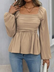 EMERY ROSE Women's Autumn Simple Solid Color Pleated Square Collar Lantern Sleeve Blouse - Khaki - View 3