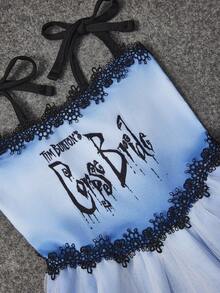 Corpse Bride X SHEIN 1 件字母图案角色扮演宠物裙、猫咪服装、狗狗服装，尺码 XXS-XXXXL，超小号、超大号，适合婚礼、哥特式、爱情、维多利亚时代 - 藍色 - 查看 2