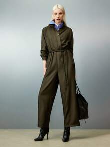 Airlisse Vintage Military Green Collared Shirt With Drawstring Jumpsuit, Suitable For Spring And Autumn Fall Cloth For Women