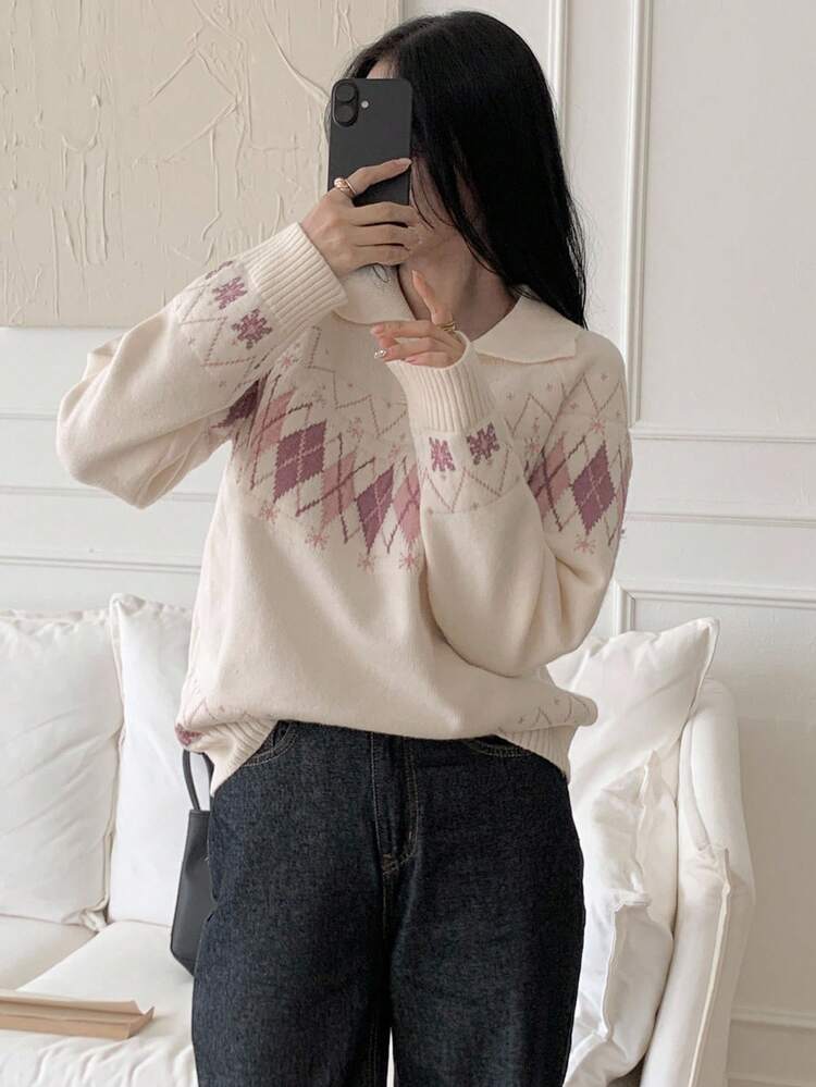 Vintage Fair Isle Soft Sweater For Women, French Vibe Polo Neck Loose Knit Pullover For Winter Christmas,New Year
