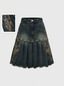 ROMWE Hippie Chic Vintage Embroidered High Waisted Knee-Length Tiered Ruffle Hem Boho Denim Skirt - Blue - View 1