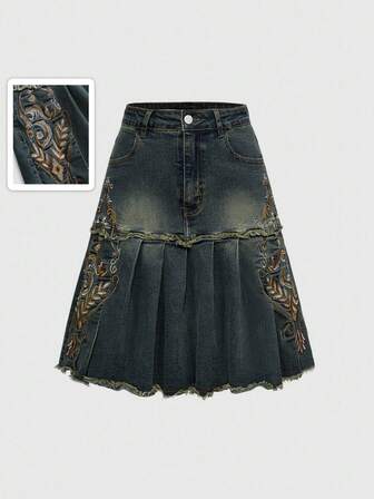 Hippie Chic Vintage Embroidered High Waisted Knee-Length Tiered Ruffle Hem Boho Denim Skirt