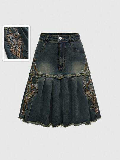 Hippie Chic Vintage Embroidered High Waisted Knee-Length Tiered Ruffle Hem Boho Denim Skirt