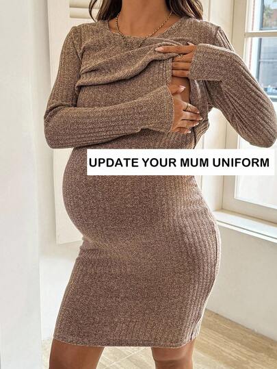 SHEIN Women's Khaki Striped Texture, Casual Daily Solid Color Simple Nursing Dress, Daily Wear  Fall Clothes For Women