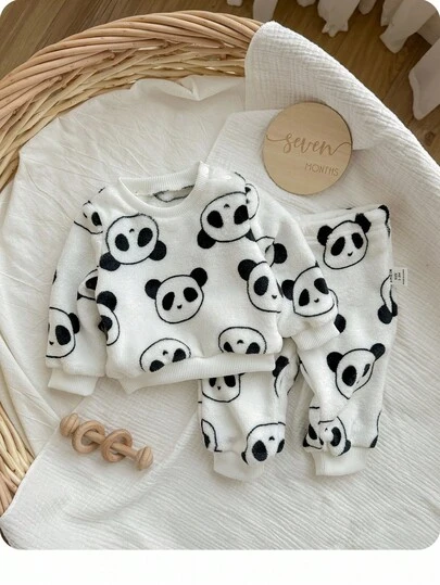 Conjunto de pijama de manga larga con estampado de panda de dibujos animados lindo para bebé recién nacida, ropa de dormir casual para otoño/invierno