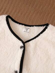 SHEIN Conjunto de chaqueta con decoración de lazo esponjoso y pantalones de cintura elástica para niña, otoño/invierno - Blanco y Negro - Ver 3