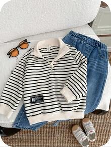 2 Stücke Kleine Jungen Mehrfarbig Herbst/Winter Halb-Rollkragen Reißverschluss Aprikose Loose Gestreift Pullover Hoodie und Lässige Verwaschen Lang Hose Trainingsanzug Set, geeignet für Zuhause, Outdoor, Schule, Straßenfotografie, Koreanischer Stil