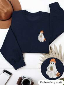 INAWLY Halloween Ghost & Iced Coffee Embroidery Pattern Women Crew Neck Sweatshirt - Navy Blue - View 3