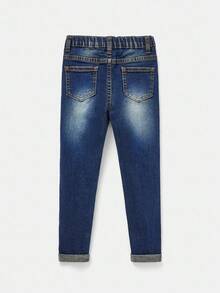 SHEIN Young Boy Casual Mid-Waist Asymmetrical Ripped Skinny Jeans Fall Winter - Dark Wash - View 2