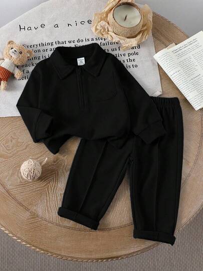 SHEIN Baby Boy/Girl Casual Outfit, Warm Comfortable Outfit Suitable For Mild Weather. Solid Color Half-Zip Collar Long Sleeve Top, Pullover Design For Easy Wear; Paired With Solid Color Waistband-Free Pants. Suitable For Outdoor Stroll, Leisure At Home, Light Exercise, Or Cozy Family Gathering, Allowing The Baby To Showcase Their Innocence And Vitality As The Center Of Attention. Fall Winter