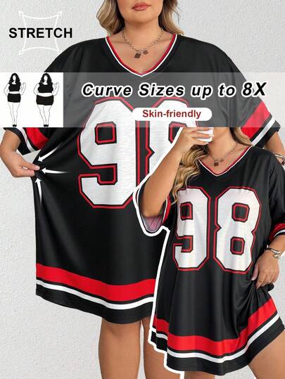 SHEIN CURVE+ Plus Size Letter Print T-Shirt Dress, Sports Uniform