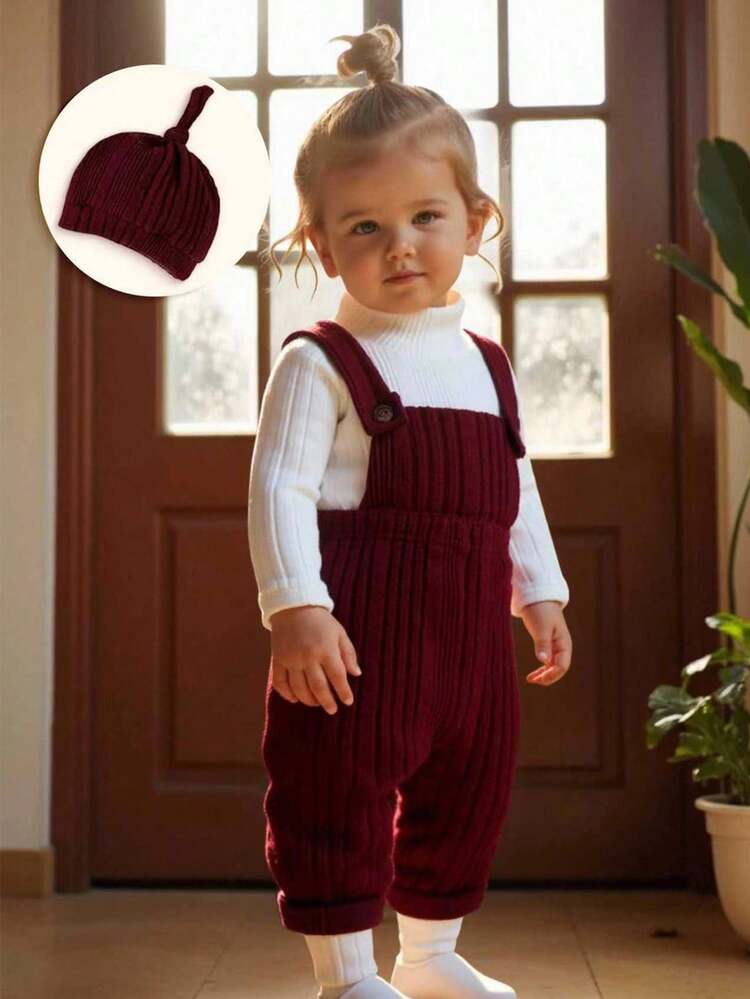 Baby Girl Mock Neck Tee & Overall Jumpsuit & Hat