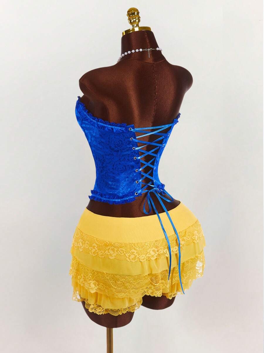 Amplova Bộ 2 món áo crop top cạp chun kim loại và quần short ren lưới mini cho nữ - Nhiều màu - Xem 1