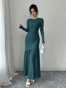 Firerie 女士网眼长袖圆领连衣裙，适合秋季，返校装，教师装 - 水鴨藍 - 查看 5