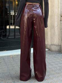 Aloruh Damen Herbst/Winter Neue Ankla Mode Straßen Lässig Pendler Sexy glänzende PU plissierte Textur hohe Taille Reißverschluss gerade geschnittene Maxi Hose - Bordeaux - Übersicht 3
