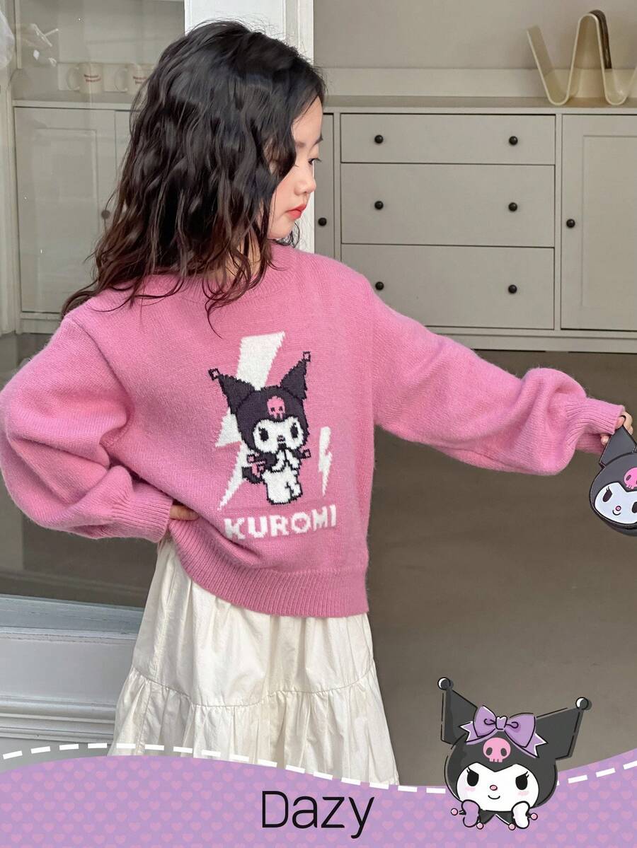 HELLO KITTY AND FRIENDS | SHEIN DAZY 少女卡通图案圆领毛衣 - 粉色 - 查看 1