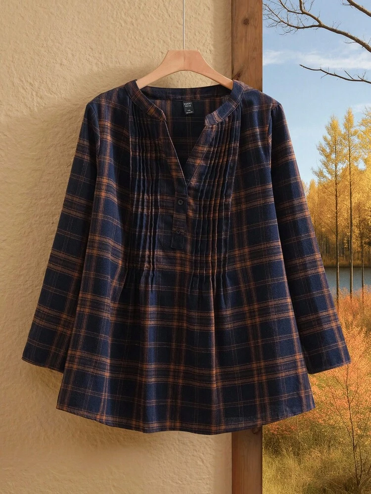 Plus Size Women's Plaid Printed Simple Daily Long Sleeve Shirt,Spring/Summer/Vacation