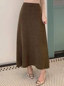 DAZY Falda de punto de unicolor casual para mujer, otoño/invierno - Marrón - Ver 4